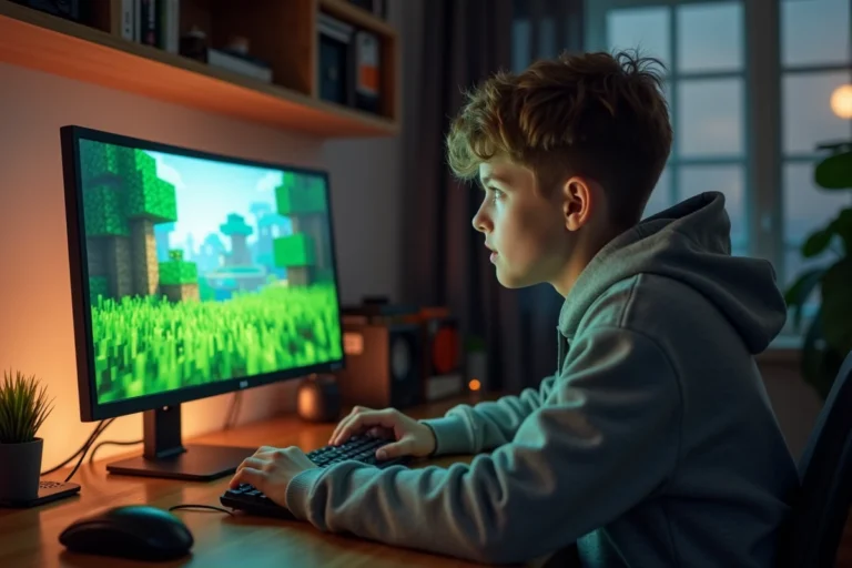 Adolescent jouant à Minecraft sur PC avec un biome herbeux affiché à l'écran
