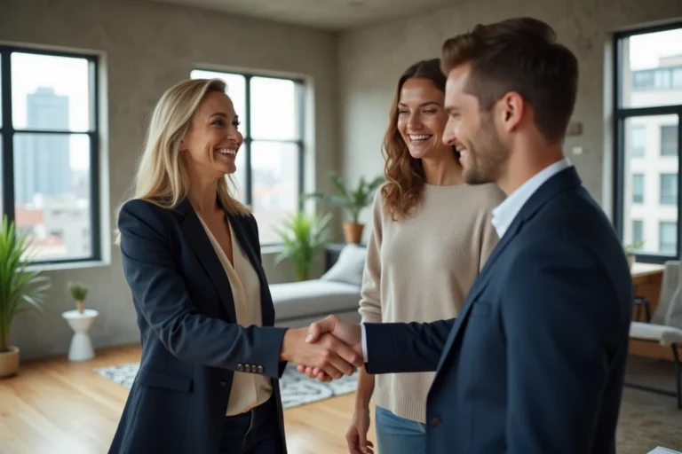 Agent immobilier remettant les clés d'un appartement moderne à un jeune couple dans le cadre d'une location sur mesure