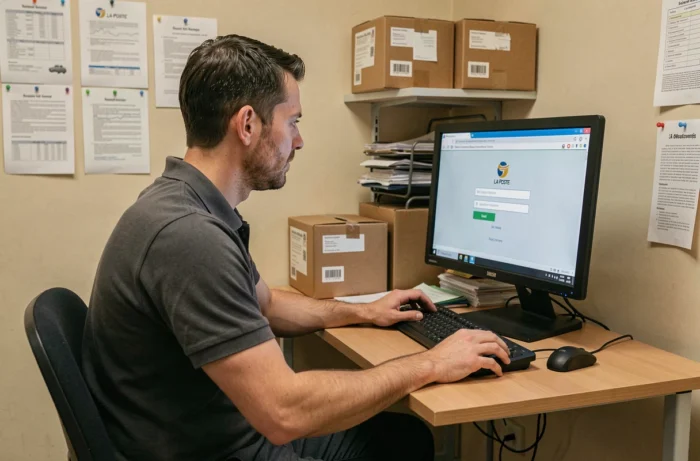 Agent postal masculin accédant à l'extranet GTA La Poste depuis un bureau de tri en agence