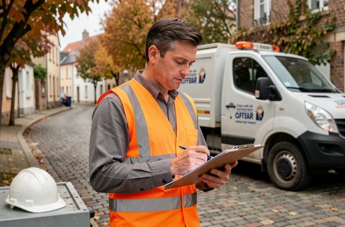 Agent territorial de catégorie C en tenue de travail consultant un document administratif dans une rue française