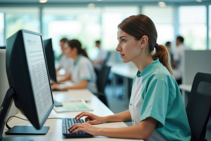 Aide à domicile en uniforme consultant un logiciel de gestion de planning ADMR sur ordinateur de bureau dans un espace administratif partagé