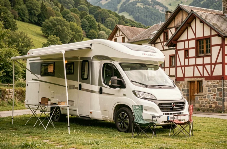 Camping-car stationné sur une aire dédiée à Dancharia avec vue sur les maisons basques et les collines pyrénéennes