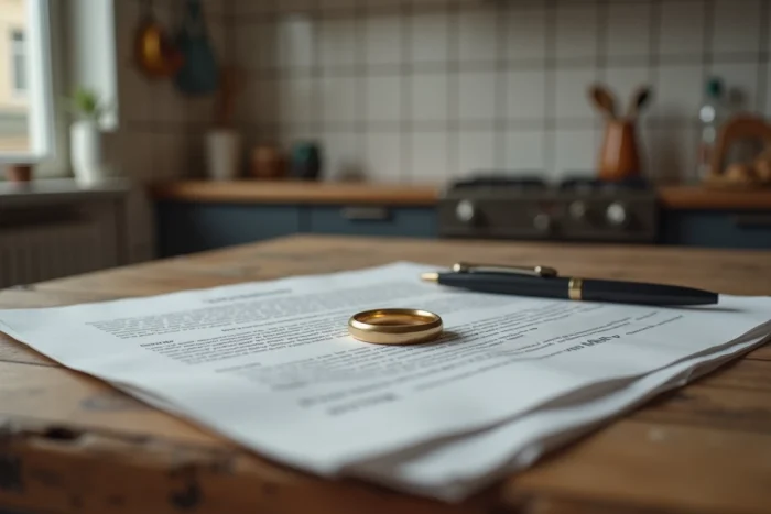 Alliances posées sur des documents de divorce dans une cuisine modeste, symbolisant la procédure de séparation dans les foyers populaires en France