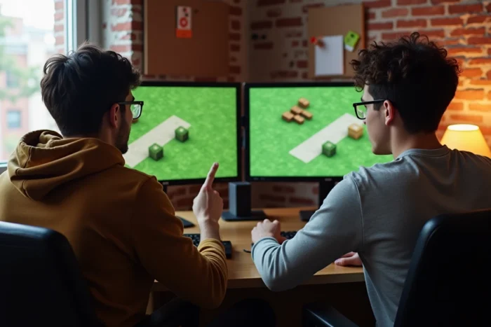 Deux amis collaborant sur Minecraft pour apprendre à faire pousser de l'herbe dans le jeu
