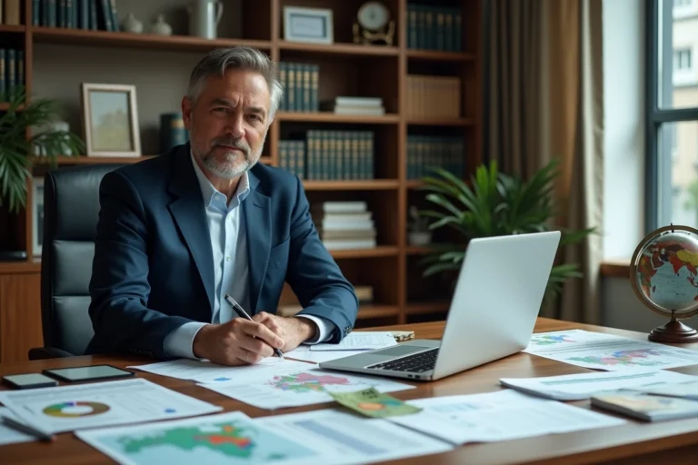 Analyste financier entouré de documents fiscaux internationaux et d'une carte du monde illustrant le classement des pays les plus imposés en 2024