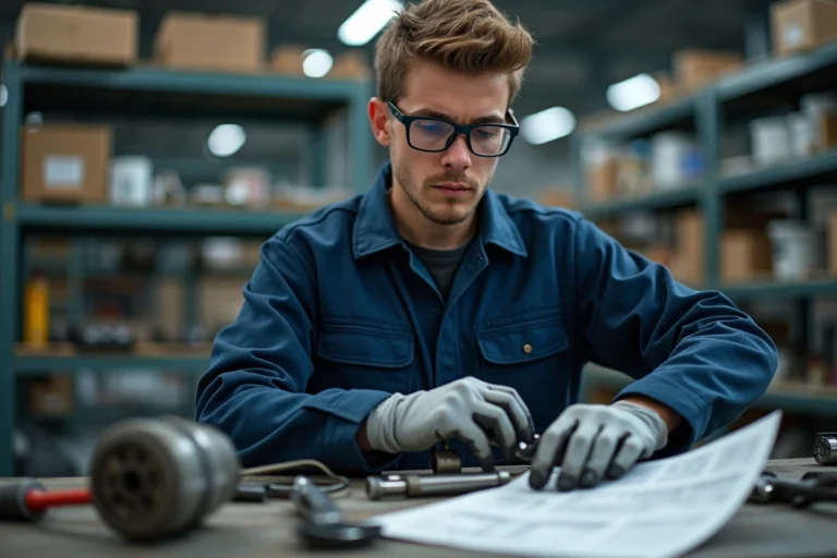 Jeune apprenti en atelier industriel travaillant seul sur un poste d'assemblage mécanique, illustrant l'autonomie en entreprise