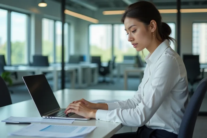 Apprentie en entreprise travaillant seule dans un bureau moderne, symbolisant les droits et responsabilités liés à l'autonomie des alternants