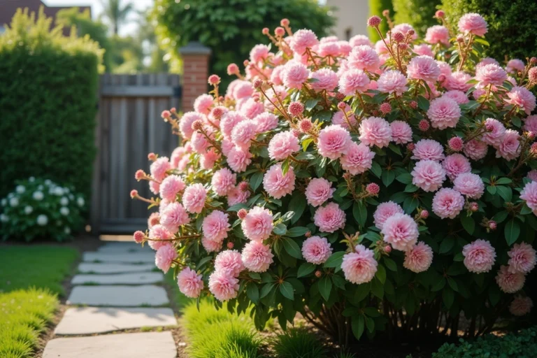Arbuste à fleurs roses en pleine floraison dans un jardin résidentiel avec allée en pierre et haie verte en arrière-plan