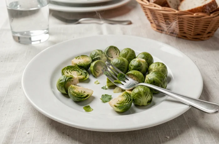 Assiette de choux de Bruxelles à moitié mangés repoussés sur le côté, illustrant le légume le moins apprécié des Français à table