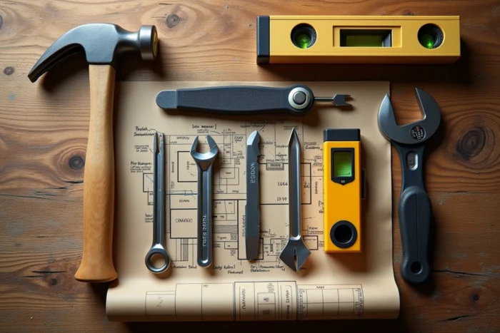 Vue aérienne d'un assortiment d'outils de bricolage essentiels disposés sur un établi en bois avec un plan de projet