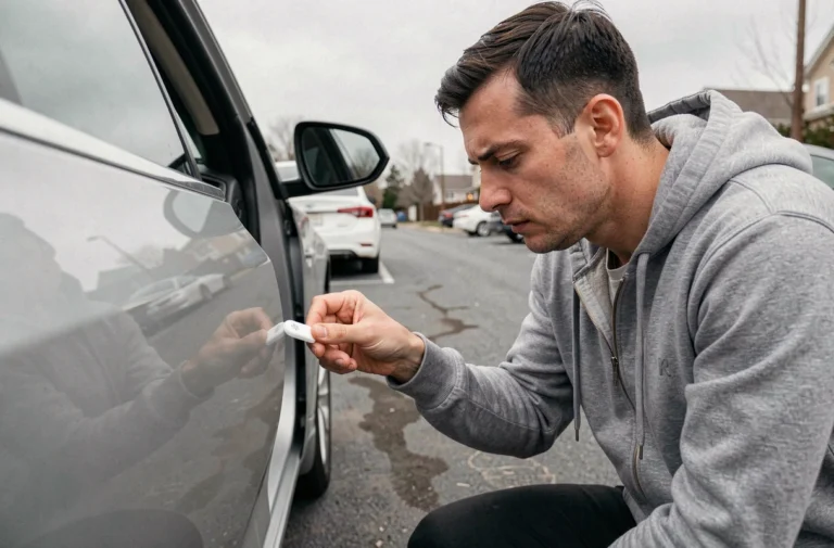 Homme attachant une balise Bluetooth sous le tableau de bord d'une voiture dans un parking résidentiel
