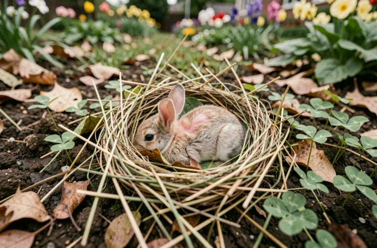 Bébé lapin sauvage niché dans un nid de feuilles sèches dans un jardin, vu de dessus