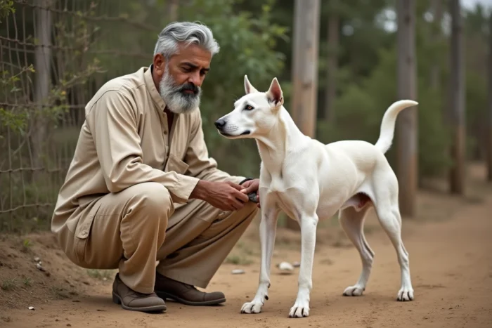Éleveur avec un Bully Kutta dans un chenil rural, conseils d'élevage et soins de la race