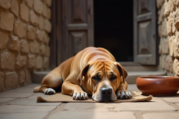 Bully Kutta au repos dans une cour traditionnelle, illustrant le tempérament calme de la race
