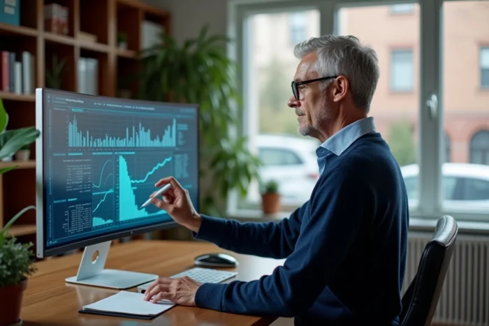 Homme consultant un simulateur de calcul de délai de prévenance depuis son bureau à domicile avec un grand écran