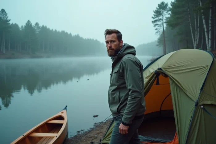 Randonneur sortant de sa tente de bivouac au bord d'un lac brumeux dans les Landes au petit matin
