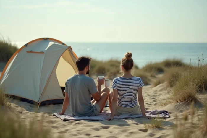 Couple en camping près des dunes et de l'océan Atlantique dans les Landes avec une tente dôme