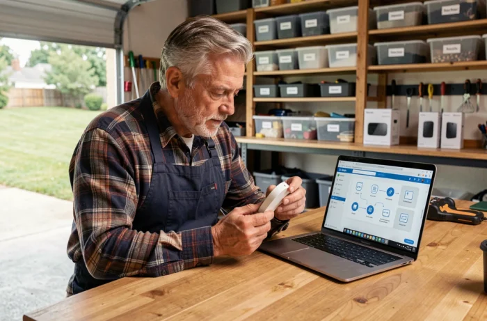 Homme senior examinant un capteur domotique connecté dans un garage atelier bien organisé avec écran de tableau de bord maison intelligente