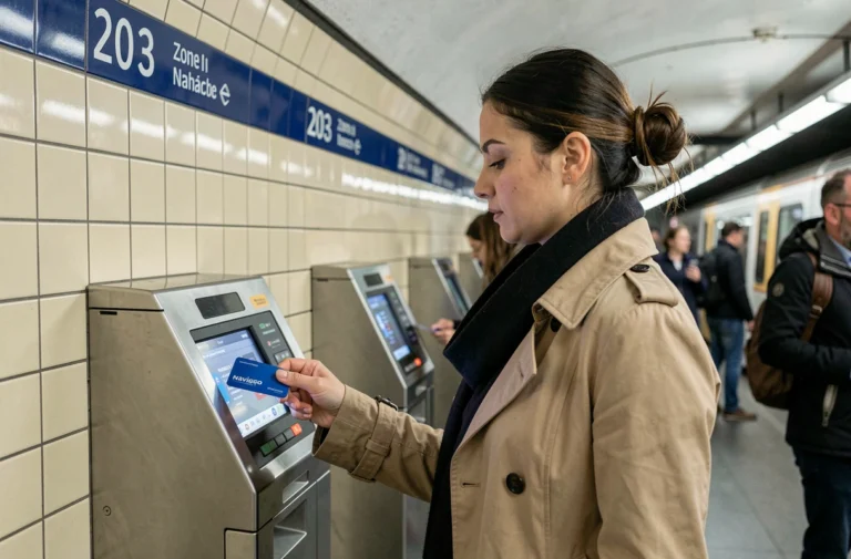 Femme utilisant sa carte Navigo pour passer un portillon dans le métro parisien
