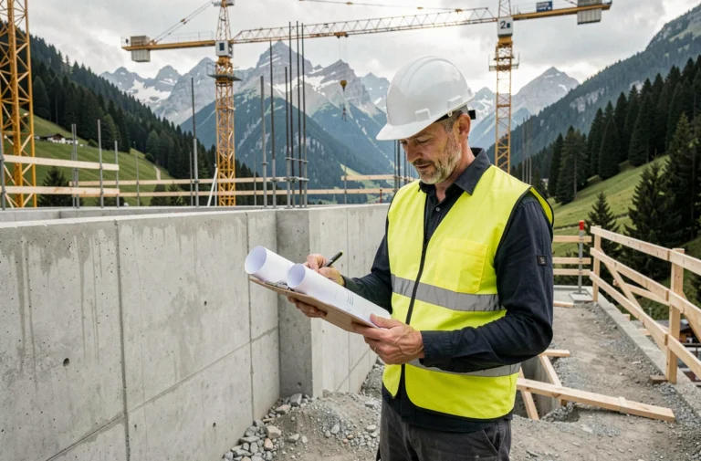 Architecte sur un chantier de construction en Suisse devant une structure en béton avec montagnes en arrière-plan