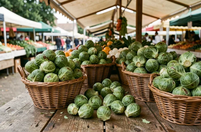 Choux de Bruxelles frais disposés en vrac sur un étal de marché en bois, légume le moins aimé des Français