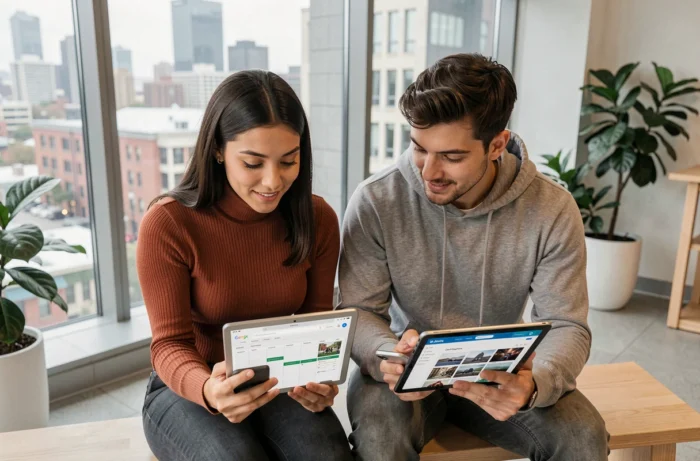 Deux jeunes professionnels collaborant sur des tendances web et du contenu numérique avec smartphones et tablette dans un espace de coworking moderne