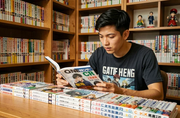 Jeune homme parcourant une collection de mangas célèbres commençant par la lettre C dans une bibliothèque personnelle