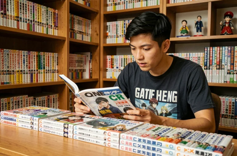 Jeune homme parcourant une collection de mangas célèbres commençant par la lettre C dans une bibliothèque personnelle