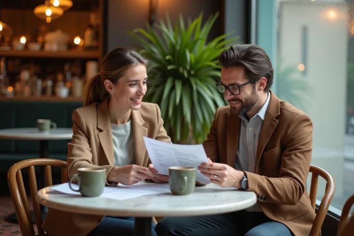 Deux collègues discutant des moyens de contacter une entreprise autour d'une tablette et de documents imprimés dans un café parisien