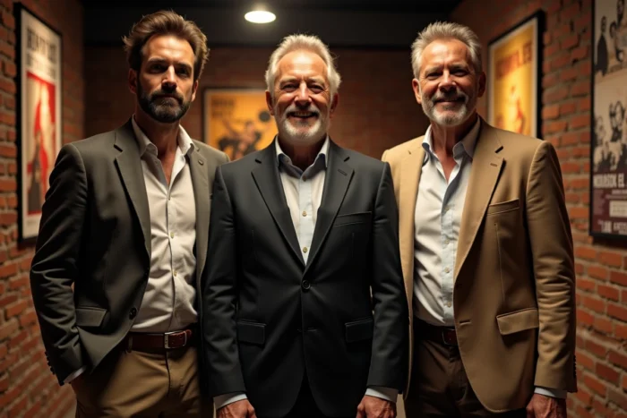 Trois chanteurs français aux tailles différentes côte à côte dans les coulisses d'une salle de concert, comparaison visuelle des gabarits des artistes masculins français