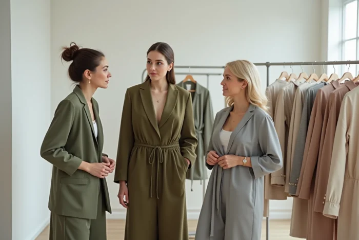 Deux femmes comparant des vêtements taille M dans une boutique de mode minimaliste