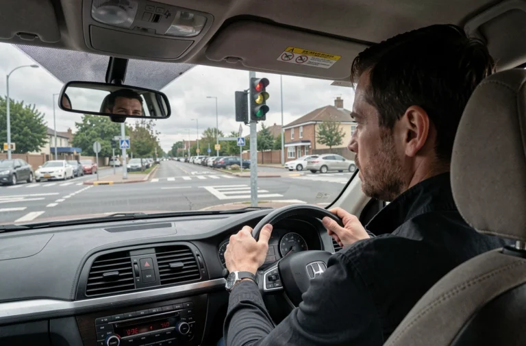 Conducteur observant un feu tricolore en panne à une intersection urbaine depuis l'intérieur de son véhicule