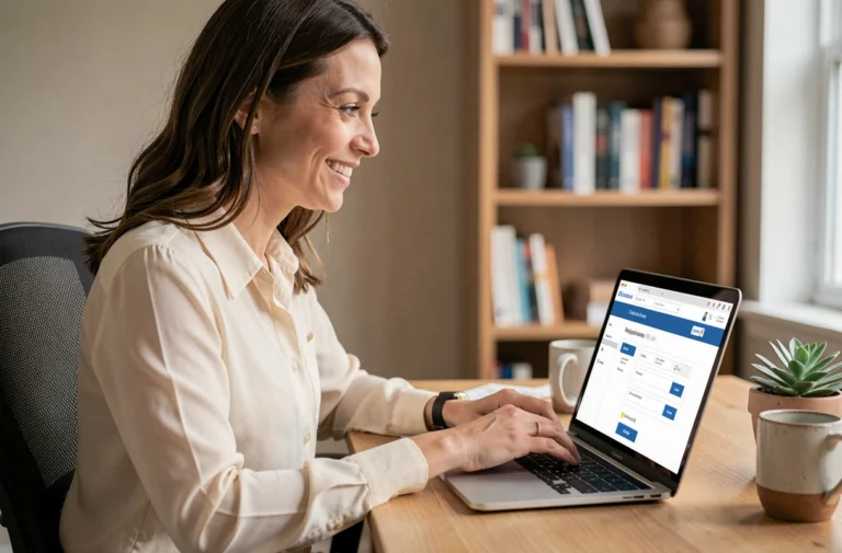 Femme souriante confirmant sa présence à un événement en ligne depuis son bureau à domicile