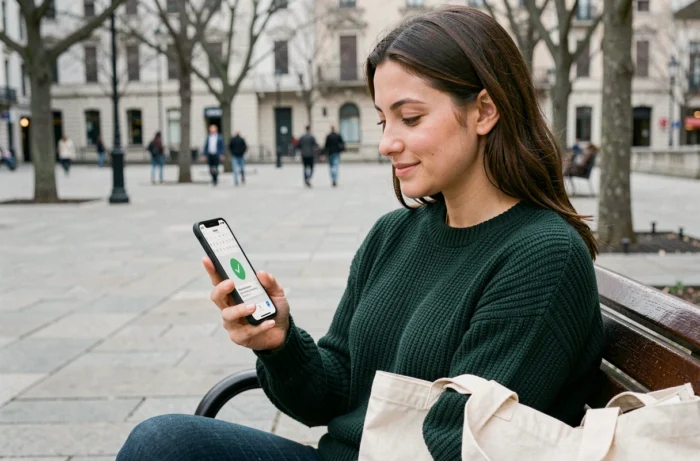 Jeune femme consultant la confirmation de son événement sur smartphone en extérieur