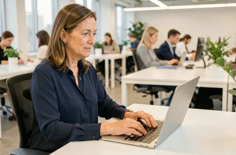 Employée de La Poste se connectant à l'extranet GTA sur un ordinateur portable dans un bureau moderne
