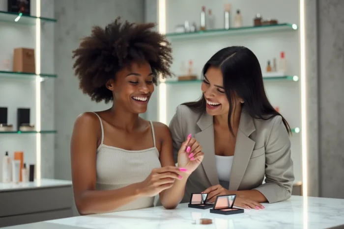 Deux amies comparant des produits cosmétiques en riant dans une boutique de beauté moderne et minimaliste