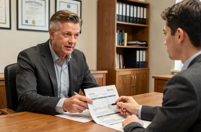 Consultant immobilier présentant un diagnostic de projet immobilier à un client lors d'une réunion de conseil