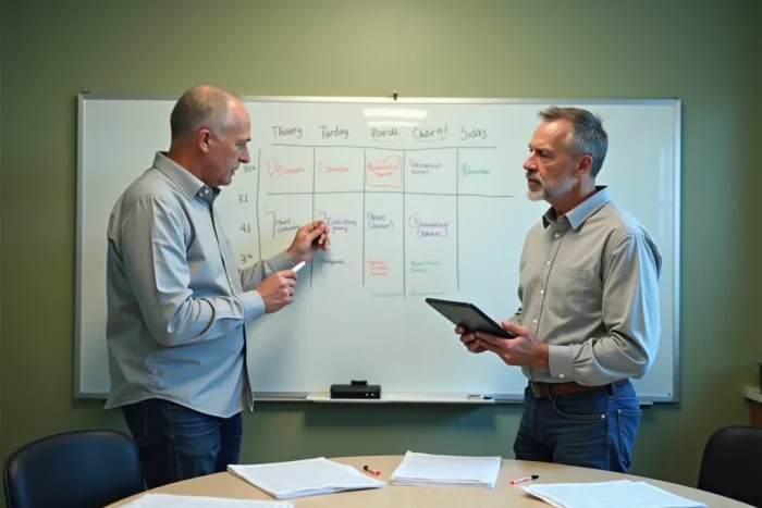 Coordinateur ADMR debout devant un tableau de planning hebdomadaire en salle de réunion, consultant une tablette pour éviter les erreurs de programmation