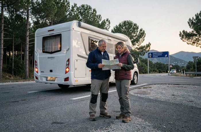 Couple de voyageurs consultant une carte devant leur camping-car garé à Dancharia près de la frontière franco-espagnole