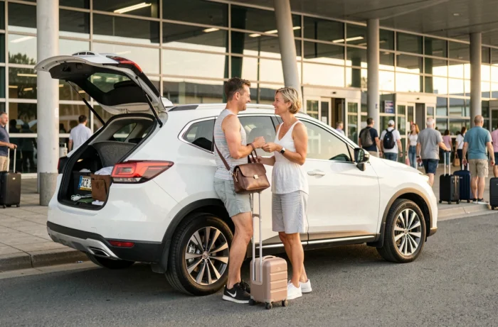 Couple chargeant des bagages dans le coffre d'un SUV de location devant un terminal d'aéroport européen