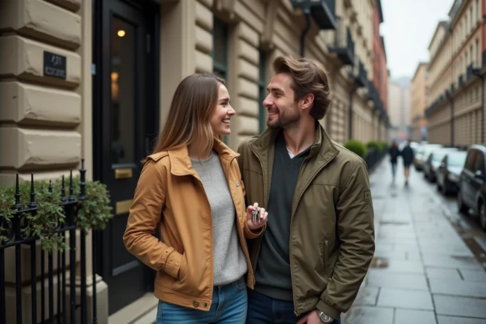 Couple de locataires heureux tenant les clés de leur nouvel appartement devant un immeuble résidentiel, symbolisant la location sereine via Locamoi