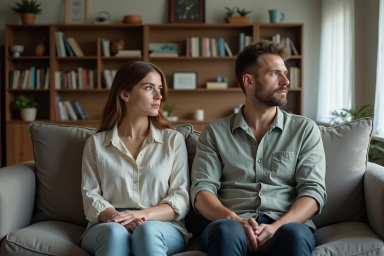 Couple en crise assis à distance dans un salon d'appartement bourgeois, illustrant la séparation conjugale dans les classes moyennes en France