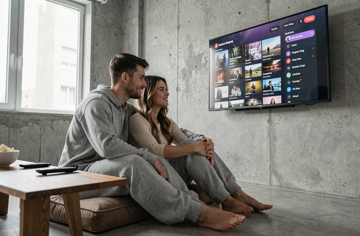 Couple regardant un site de streaming sur une télévision dans un appartement moderne et minimaliste