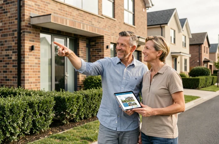 Couple visitant un bien immobilier neuf avec un rapport numérique pour optimiser leur projet d'achat immobilier