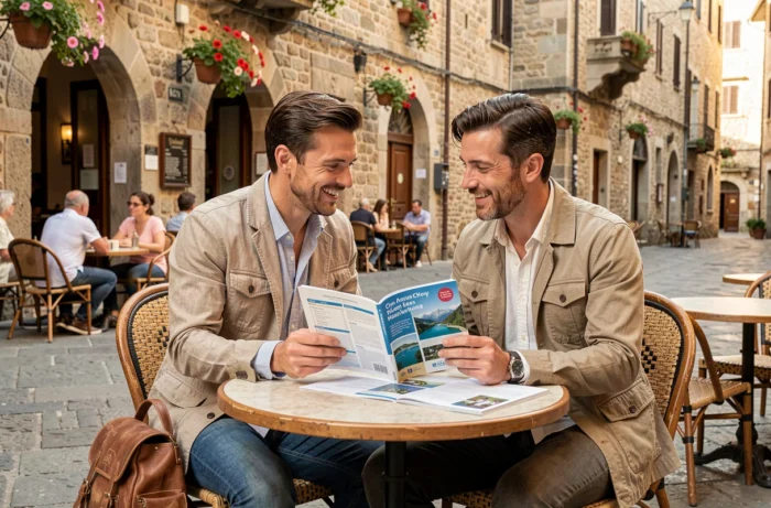 Couple de voyageurs consultant un itinéraire de voyage en terrasse de café dans une ville européenne historique