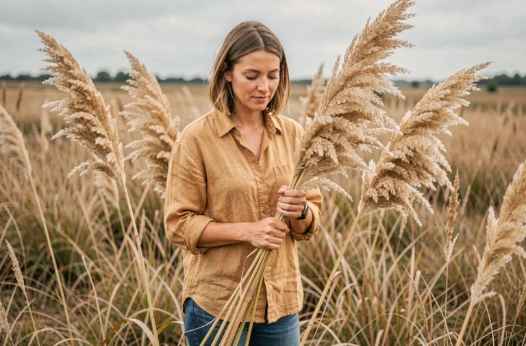 Femme cueillant des herbes de pampa dorées dans un champ sauvage en campagne lors d'une belle journée d'été