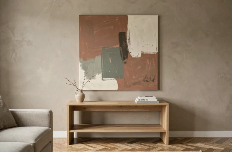 Décoration murale moderne avec grande peinture abstraite en tons terreux au-dessus d'une console en chêne dans un salon contemporain