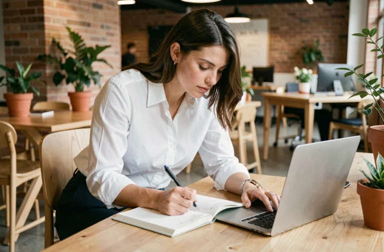 Femme professionnelle découvrant ses talents en prenant des notes dans un espace de coworking moderne