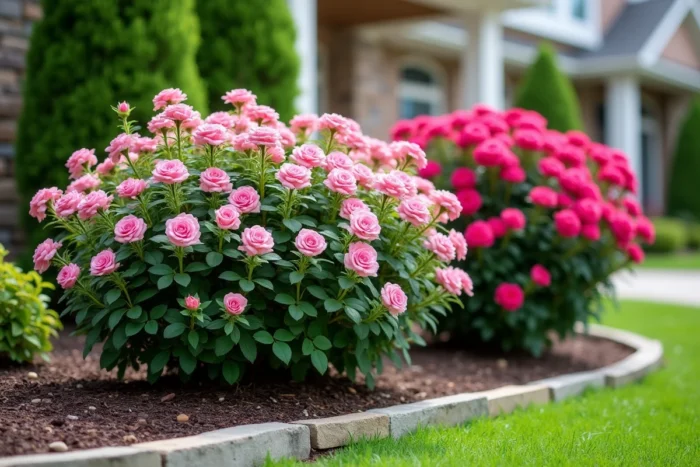 Deux variétés d'arbustes à fleurs roses côte à côte dans un coin de jardin aménagé avec muret en pierre et paillis au sol