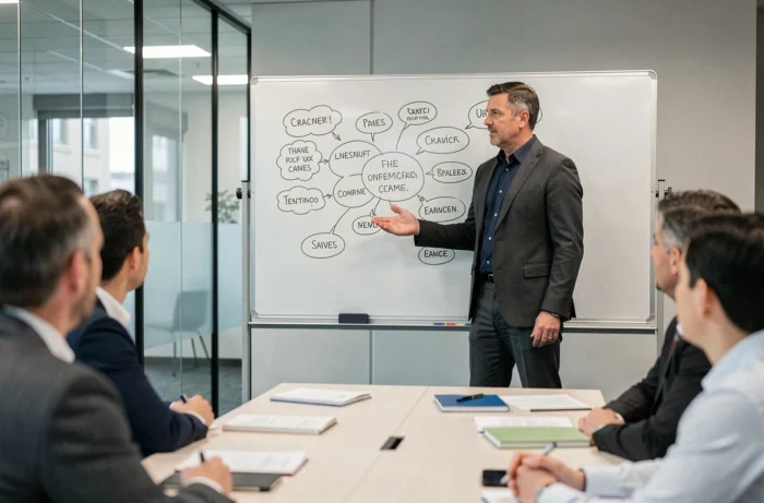 Manager développant les talents de son équipe lors d'un atelier de carrière en salle de réunion